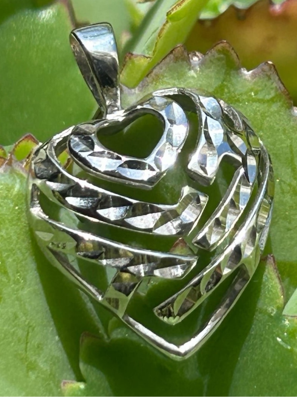 Maui divers 14k solid white gold diamond cut aloha heart pendant 18mm 2.5grams